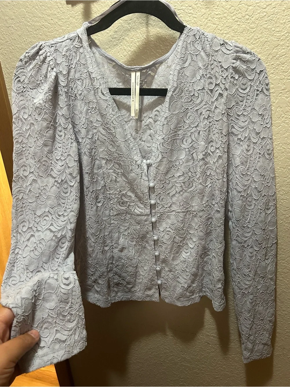 Anthropologie Light Blue Lace Button-Up Blouse
